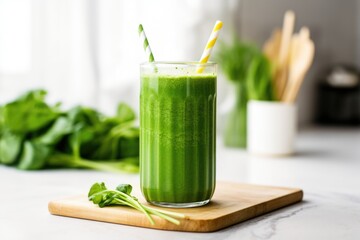 green smoothie with a stripey straw on a kitchen countertop - obrazy, fototapety, plakaty