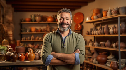 Business owner of a pottery shop smile