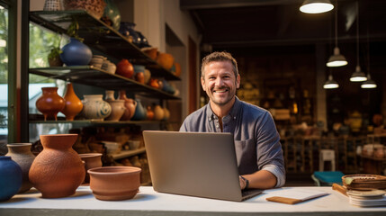 Business owner of a pottery shop smile using tablet at shop - obrazy, fototapety, plakaty