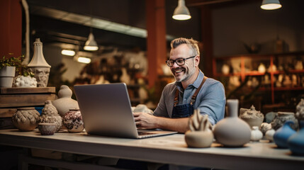 Business owner of a pottery shop smile using tablet at shop