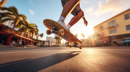 Close-up Young man skateboarding in Hawaii city - obrazy, fototapety, plakaty