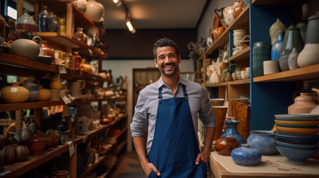 Business owner of a pottery shop smile