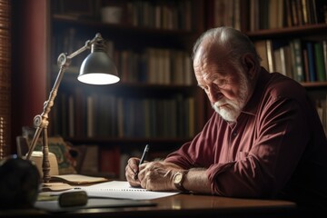 elderly man writing a novel in his study