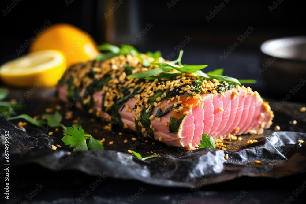 Sticker grilled tuna steak with a sesame seed crust