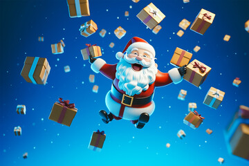 Santa claus smiling and jumping in the air with gift boxes flying around, 3d render.