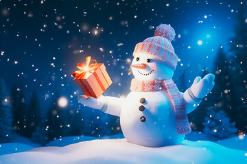 Snow man and gift box, snowflake in the night.