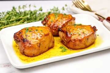 three honey mustard pork chops on a white plate with garnish