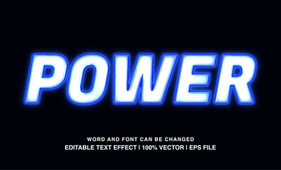 Power editable text effect template, blue neon light futuristic glossy style typeface, premium vector