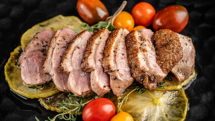 Roasted duck breast fillet on caramelized apples. background image