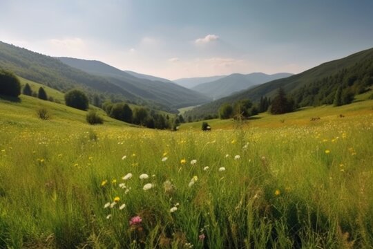 Beautiful countryside view with lush green meadows, wildflowers, and a sunny mountain landscape. Generative AI