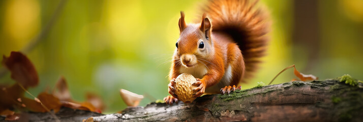 Squirrel nibbling on a nut in an autumn forest close-up - obrazy, fototapety, plakaty
