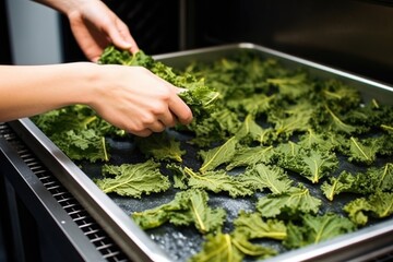 hand placing a tray of homemade kale chips into an oven