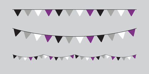 Black, grey, white and purple colored party bunting, as the colors of the asexual flag. LGBTQI concept. Flat design illustration.	