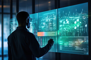 Data scientist visualizing complex data on a holographic display - Future of data analysis - AI Generated