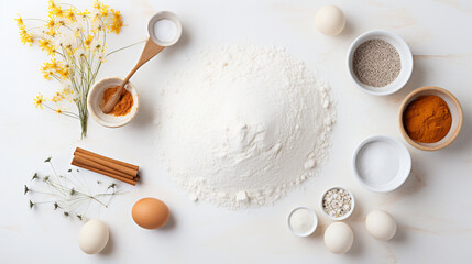 Ingredients for coconut cookies or sweet pastries on a light gray culinary background. Top view