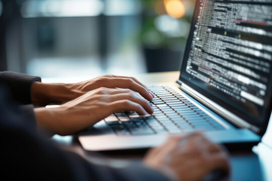 Hands on a keyboard with lines of code on the monitor - Detailed coding work Closeup - AI Generated