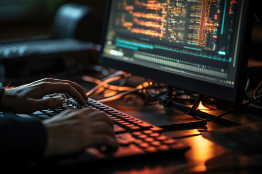 Hands on a keyboard with lines of code on the monitor - Detailed coding work Closeup - AI Generated