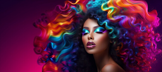 Obraz na płótnie Canvas Dreamy black woman with long colorful hair extensions. Beauty hair salon banner