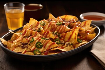 nachos drizzled with hot sauce on a ceramic dish