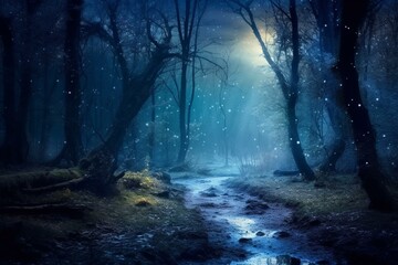 Enchanting natural scene of a forest illuminated by moonlight. Generative AI