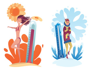 Hot cold weather. Meteorology thermometers illustration. Cartoon characters in summer and winter season