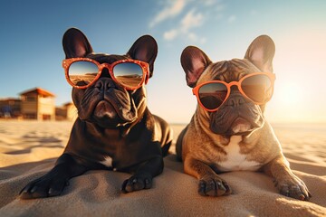 french bull dogs wearing sunglasses while sitting on the beach - obrazy, fototapety, plakaty