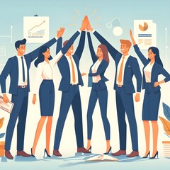 Team of business people celebrate success winning prize goal in work collaboration together giving high five with joy. Flat vector illustration design