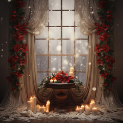 Fototapeta na wymiar Digital background, Christmas atmosphere, drapery, Christmas decorations, snow, candles, 