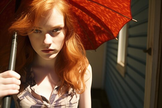 Woman Frowning With A Broken Umbrella In Sunlight