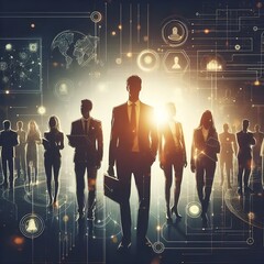 ฺbusiness team people outlines with lit abstract background design