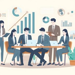 Business meeting and team work group of people working in office. Discussion of the company business strategy vector illustration.