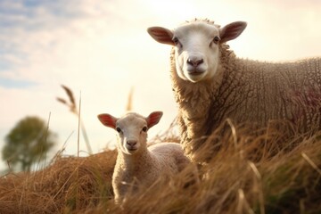Fototapeta premium sheep with her lamb in a grassy field