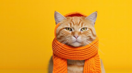 orange cat wearing a scarf on an orange background