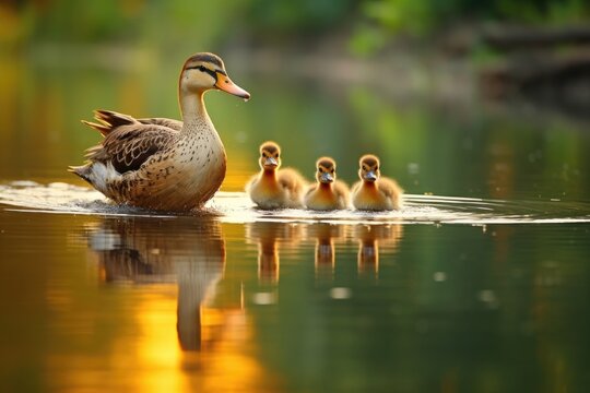 a mother duck leading ducklings through clear, calm water