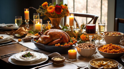 Fototapeta premium An inviting photo of a table filled with Thanksgiving dishes, including a golden turkey