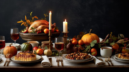 An inviting photo of a table filled with Thanksgiving dishes, including a golden turkey - obrazy, fototapety, plakaty