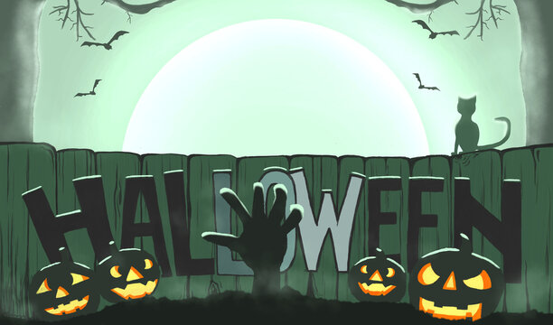 Halloween night background with pumpkin scary bat and zombie hands coming up out of the ground in front of a full moon. illustration.