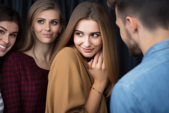 group coaxing woman to hide a secret