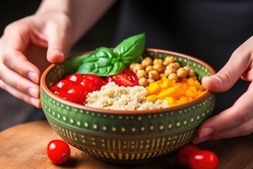 human hand stirring quinoa bowl with chickpeas and red bell pepper