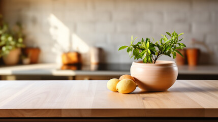 Fototapeta na wymiar White wooden table on blurred kitchen interior background