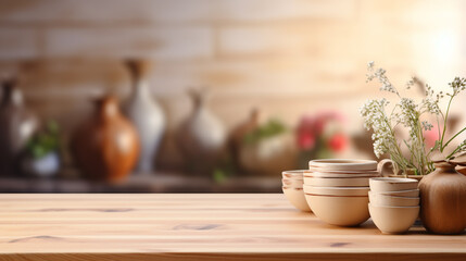 Fototapeta na wymiar White wooden table on blurred kitchen interior background