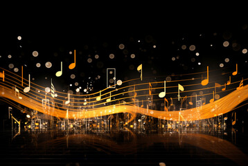 a golden music treble and music notes floating through a black background - obrazy, fototapety, plakaty