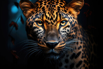 Portrait of a leopard on a dark background, predator mammal