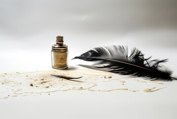 a black ink pen is placed on top of a beige background - obrazy, fototapety, plakaty