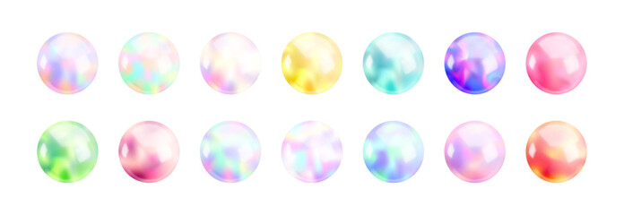 Realistic 3d holographic sphere set. Abstract Vector glossy gradient balls collection, vibrant colorful iridescent round shapes