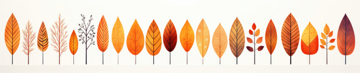 Set of autumn leaves of different trees and bushes. Horizontal banner