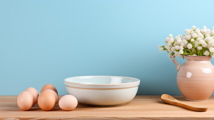 Fototapeta na wymiar Brown chicken eggs in enamel bowl on marble background
