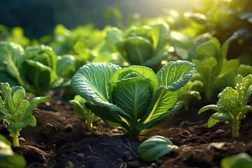 Cabbage growing in a field or vegetable garden, healthy food concept