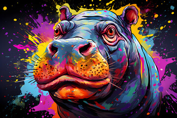 Colorful hippo on a black background - obrazy, fototapety, plakaty