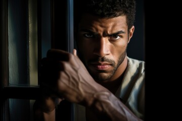 man with clenched fists staring out a window